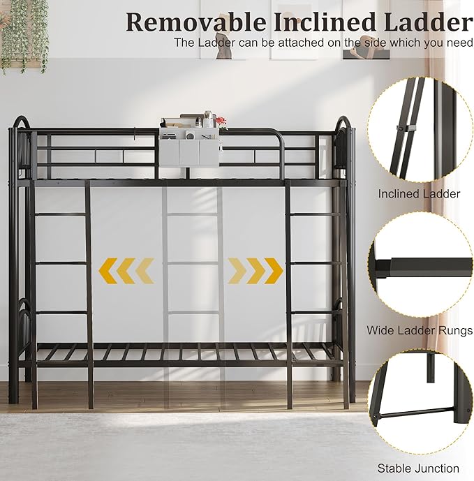 Twin Bunk Beds for Teen & Adults, Heavy Duty Metal Bunk Bed Twin Over Twin with Bedside Caddy, Convertible Ladder & Flat Rungs, Space Saving Bunkbed Frame for Bedroom Dorm, No Box Spring Needed