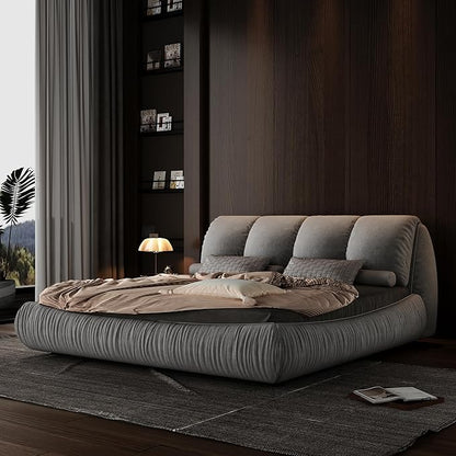 Queen Size Upholstered Platform Bed with Oversized Padded Backrest and Solid Wood Frame for Bedroom, Apartment Room (Grey, Queen (U.S. Standard))