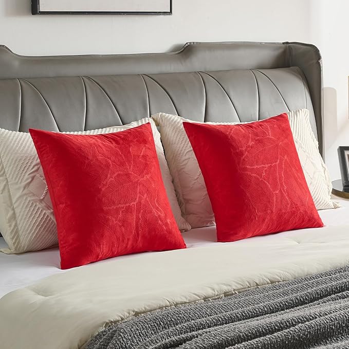 FUTEI Christmas Red Velvet Throw Pillow Covers 24x24 Inch Set of 2,Soft Embossed Leaf-Relief Textured European Cushion Cases,Natural Home Decor for Couch Living Room