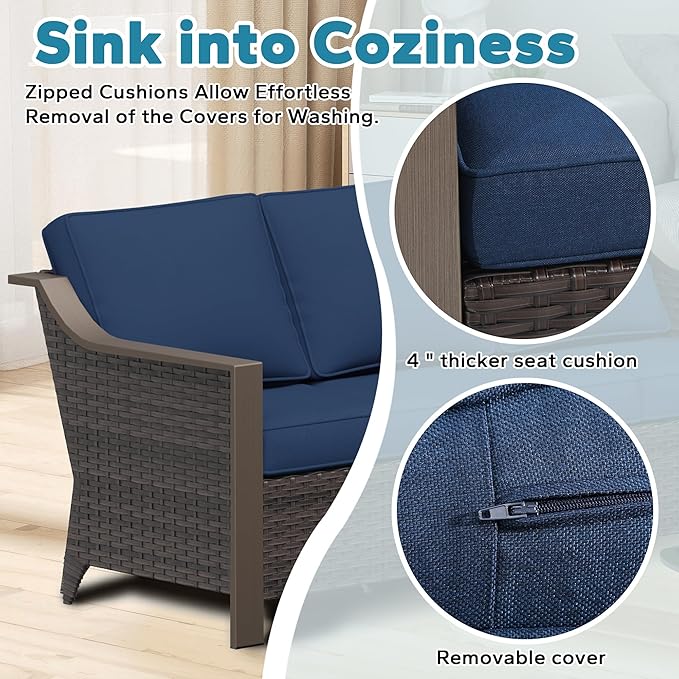 75" Patio Metal Wicker Sofa, 3-seat Deep Seat & Upholstered Couch, Outdoor All-Weather Rattan Loveseat with Washable Cushions, Steel Frame Couch, Garden (Navy Blue)
