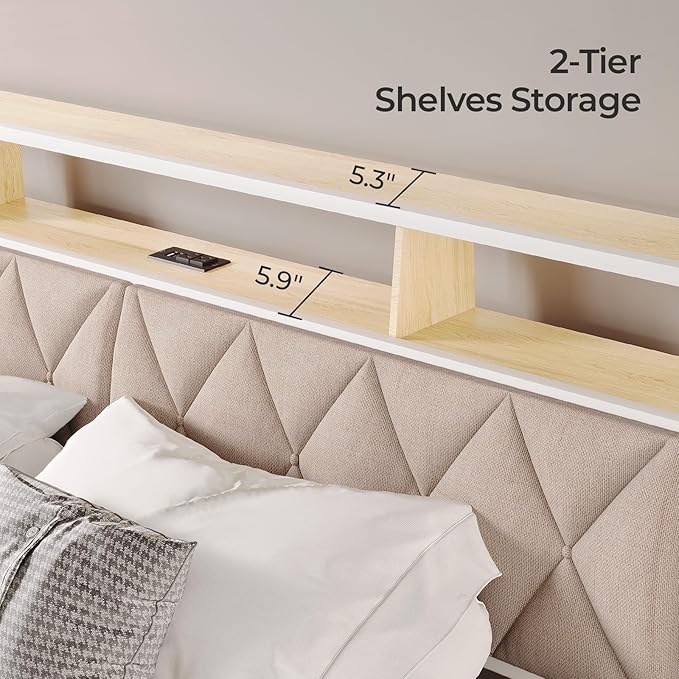 Queen Headboard Only, Headboard for Queen Size Bed with Storage, Upholstered Headboards with LED Lights & Charging Station, Attach Frame, Ideal for Bedroom/Dorm/Guest Room, White & Beige