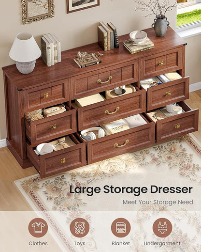 AOGLLATI Farmhouse 9 Drawers Dresser for Bedroom, 63" Wide Wood Rustic Chest of Drawers with Natural Texture, Vintage Design, Long Wide Storage Dresser for Bedroom, Oak Brown