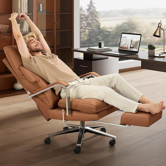 M80A Dual Motor Electric Executive Office Chair with Footrest, Comfortable Reclining Office Chair Wide Seat, Big and Tall Ergonomic Leather Home Office Desk Chair (Brown, Manual)