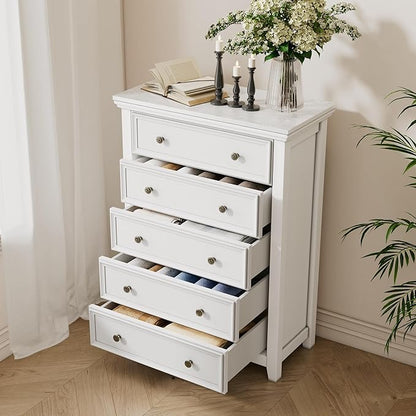 BLANKSPACE White Dresser, 5 Chest Drawer Dresser for Bedroom, Large Capacity Wood Cabinet for Bedroom, Modern Nightstand, Closets, Hallway