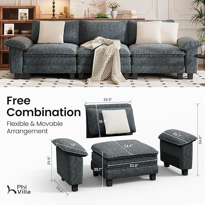 PHI VILLA Modern Modular Couches Sets, 123.6" Cloud Sectional Sofa with Upholstered Deep Seat, 3-Seater Couch for Living Room Small Spaces, Chenille Fabric, Dark Cyan