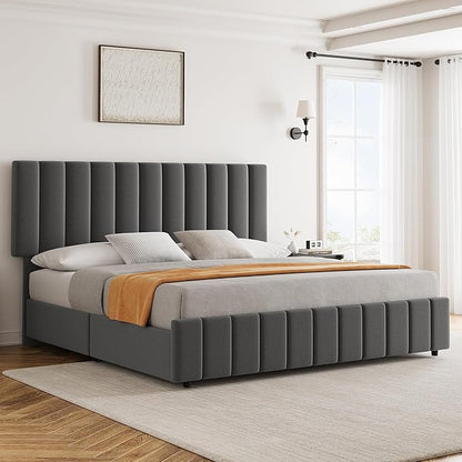 Garvee King Size Bed Frame with 4 Storage Drawers, Adjustable Height Headboard, Linen Upholstered Platform Bed Frame, No Box Spring Needed, Easy Assembly, Grey