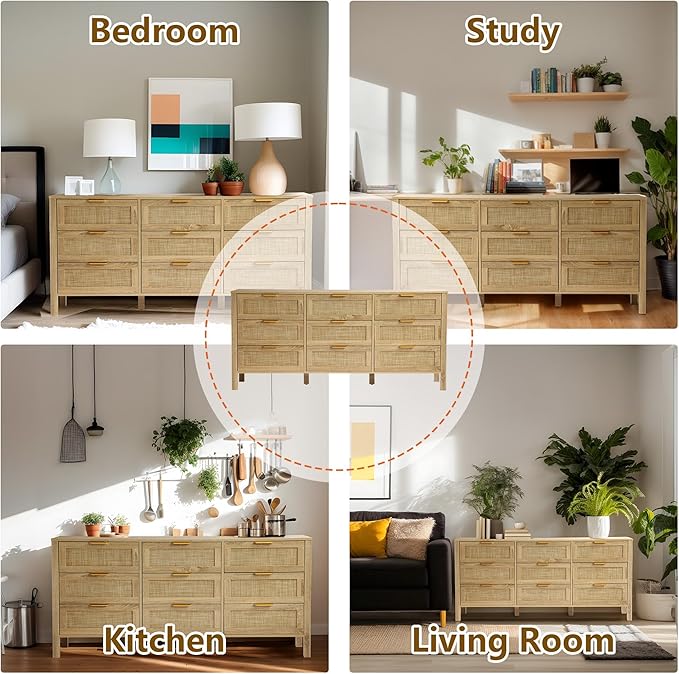9 Drawer Dressers for Bedroom, Rattan Dresser with Drawers, Modern Wood Dresser with Metal Handles, Chest of Drawers for Bedroom, Living Room, Entryway (9 Drawer)