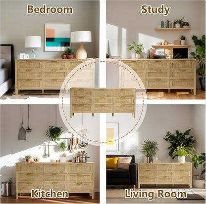 9 Drawer Dressers for Bedroom, Rattan Dresser with Drawers, Modern Wood Dresser with Metal Handles, Chest of Drawers for Bedroom, Living Room, Entryway (9 Drawer)