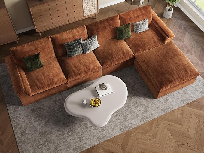 EASE MOOSE Oversized Cloud Couch Sectional Sofa, L-Shaped Large Modular Couch for Living Room, Minimalist Boneless Convertible Couches with Ottoman, 5-Seat Deep Sofas for Bedroom, Chenille (Brown)