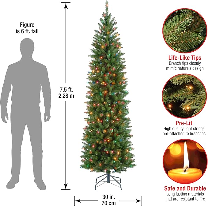 National Tree Company Artificial Pre-Lit Slim Christmas Tree, Green, Kingswood Fir, Multicolor Lights, Includes Stand, 7.5 Feet