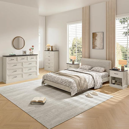 Farmhouse Dresser and Nightstand Sets, 4Pcs Bedroom Furniture Set, Nightstand Set of 2 & 55" Wide 9 Drawer and 44" Tall 5 Drawer Dresser with Large Drawers & Bar Handles, White