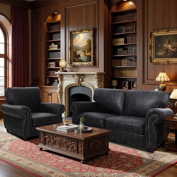 Living Room Furniture Sets,Mid-Century Vintage Sofa Couches with Rivet Design (Grey, Single+Loveseat)