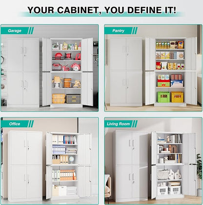 Metal Storage Cabinet with 3 Adjustable Shelves,Garage Storage Cabinet with Lock,White Metal Cabinets with Locking Doors,71" 4 Door Pantry Cabinet,Lockable Cabinets for Home,Office,Garage,Kitchen