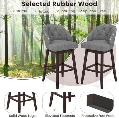 COSTWAY Bar Stools Set of 2, 31’’ Swivel Bar Stools with Rubber Wood Legs & Padded Back, Breathable Linen Fabric, Stylish Tufted Design & Rivet Decoration, Adjustable Foot Pads (2, Grey + Brown)
