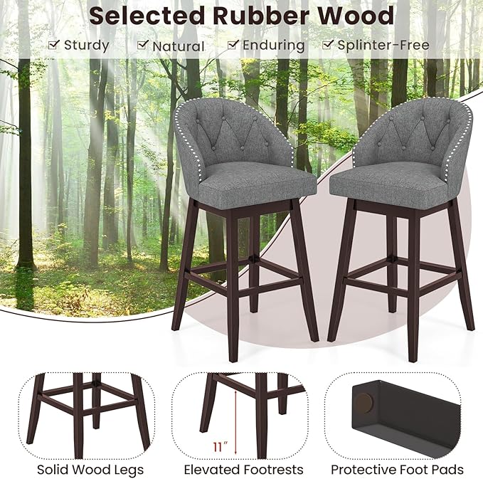 COSTWAY Bar Stools Set of 4, 31’’ Swivel Bar Stools with Rubber Wood Legs & Padded Back, Breathable Linen Fabric, Stylish Tufted Design & Rivet Decoration, Adjustable Foot Pads (4, Grey + Brown)
