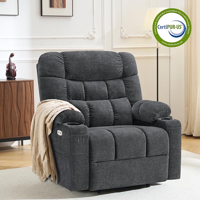 MCombo Dual Motor Power Lift Recliner Chair with Massage and Dual Heating for Elderly, Lay-Flat for Sleeping, Extra Wide for Big and Tall, Fabric R7070 (Dark Grey)