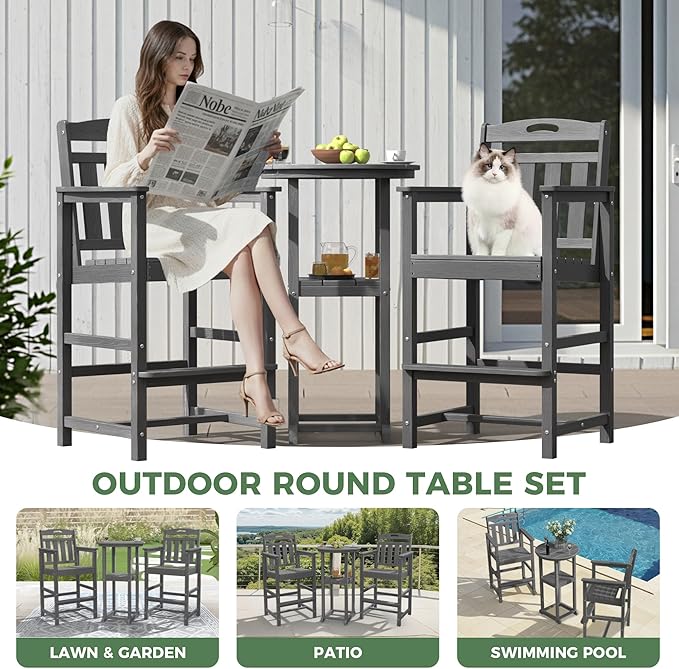 HDPE Outdoor Patio Bar Set with Bar Height Table and 2 Adirondack Chairs, All-Weather High Top Outside Round Pub Furniture for Bistro, Garden, Backyard, Deck | 3-Pieces, Grey