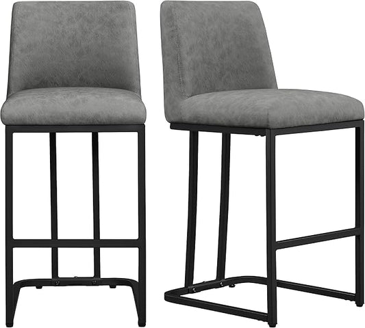 Yaheetech Counter Height Bar Stools 24'' Bar Stools Set of 2 Leather Bar Chairs Modern Upholstered Barstools with Back for Kitchen Counter Gray