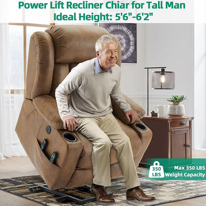 VIVIJASON Tall Man Dual Motor Power Lift Recliner Chair with Extended Footrest, Oversized Lay Flat Sleeper Electric Recliner W/Heat & Massage, Lumbar Pillow, USB & Type-C Ports, Infinite Position