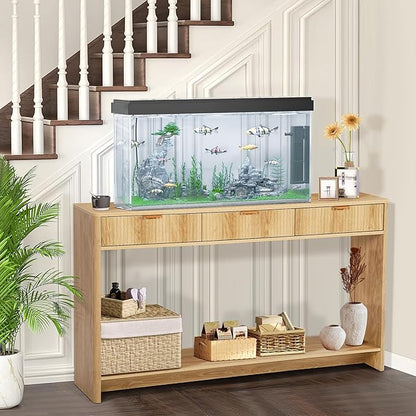 Entryway Table with Storage, Narrow Console Table with 3 Drawers, 55.12' Couch Table Behind Sofa Long for Living Room TV, Hallway Entrance Foyer, Mid Century Modern Boho Fluted Console Table