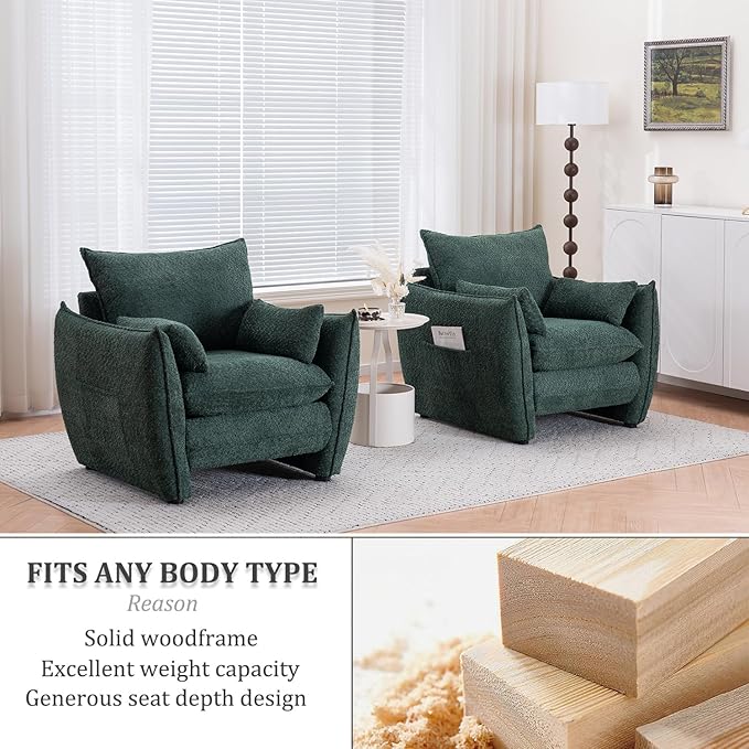 Chenille Oversized Accent Chairs, Modern Oversized Armchair with Removable Pillow, Comfy Living Room Chair with Side Pocket Storage for Bedroom, Office, Green