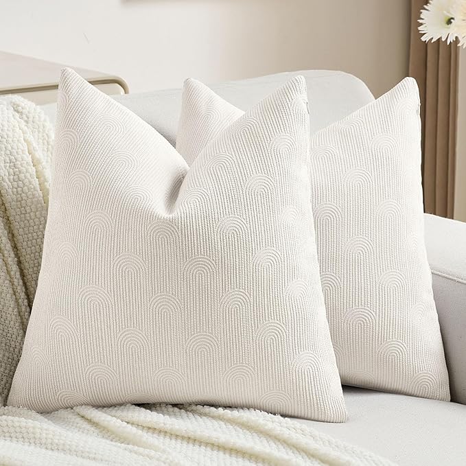 FUTEI Cream Chenille Decorative Throw Pillow Covers 18x18 Inch Set of 2,Soft Cozy Striped Geometric Patterns Cushion Cases,Modern Home Decor for Couch Bed Living Room