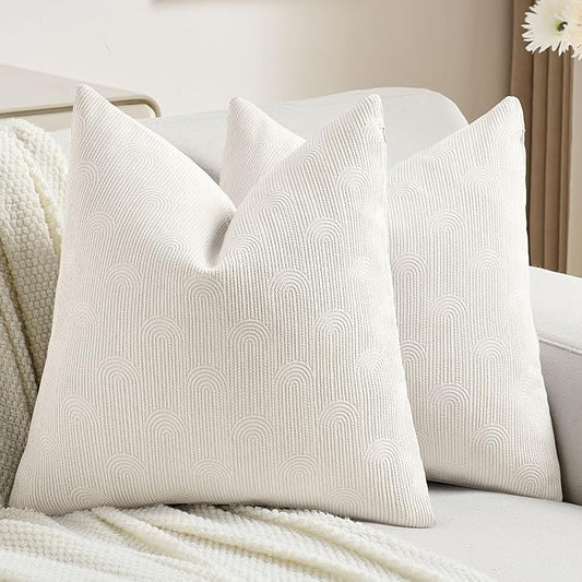 FUTEI Cream Chenille Decorative Throw Pillow Covers 24x24 Inch Set of 2,Soft Cozy Striped Geometric Patterns European Cushion Cases,Modern Home Decor for Couch Bed Living Room