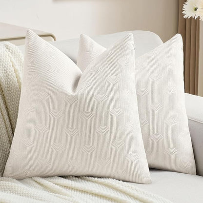 FUTEI Cream Chenille Decorative Throw Pillow Covers 16x16 Inch Set of 2,Soft Cozy Striped Geometric Patterns Cushion Cases,Modern Home Decor for Couch Bed Living Room