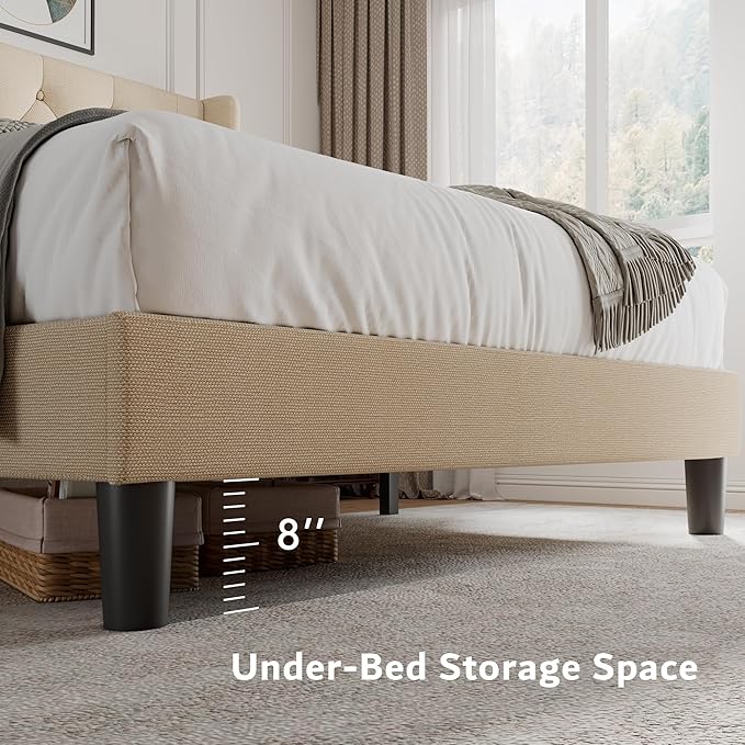 iPormis Full Size Platform Bed Frame with Button Tufted Headboard, Upholstered Bed Frame with Solid Wooden Slats, 8" Underbed Space, No Box Spring Needed, Noise Free, Easy Assembly, Beige
