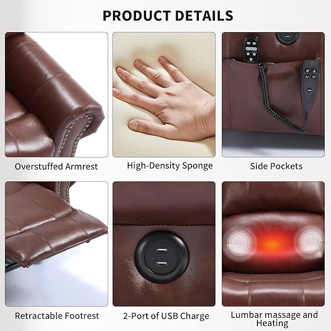 Recliner Chairs for Adults, Oversized Bedroom Chair with Massage, Sofa Chair Home Theater Seating with Lumbar Support, Lift Chair for Elderly, Nursery Chair for Living Room (Genuine Leather)