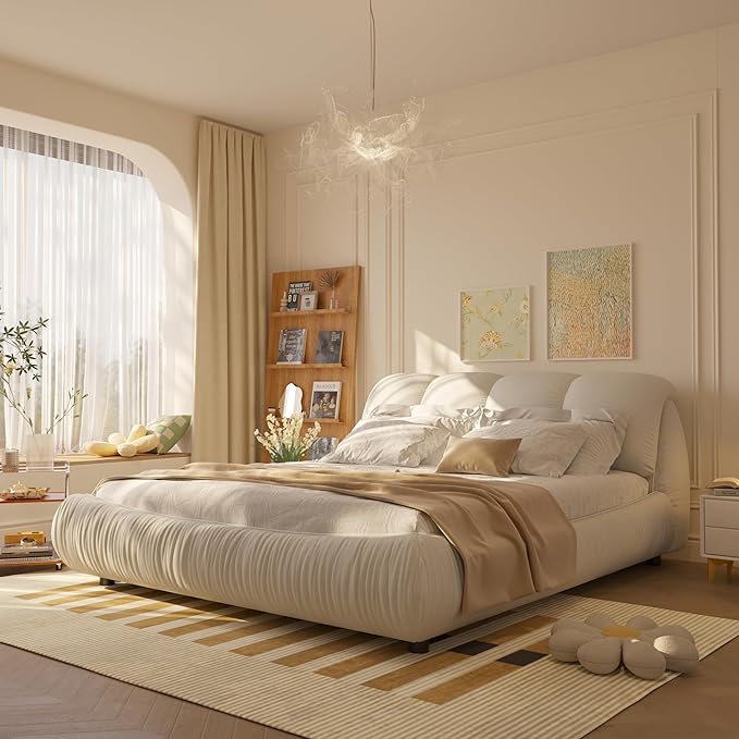 Queen Size Upholstered Platform Bed with Oversized Padded Backrest and Solid Wood Frame for Bedroom, Apartment Room (Beige, Queen (U.S. Standard))