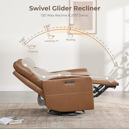 Watson & Whitely Genuine Leather Power Recliner Chairs W Power Headrest for Adults, Swivel Glider Recliner Chair W Charging Ports for Living Room, Saddle