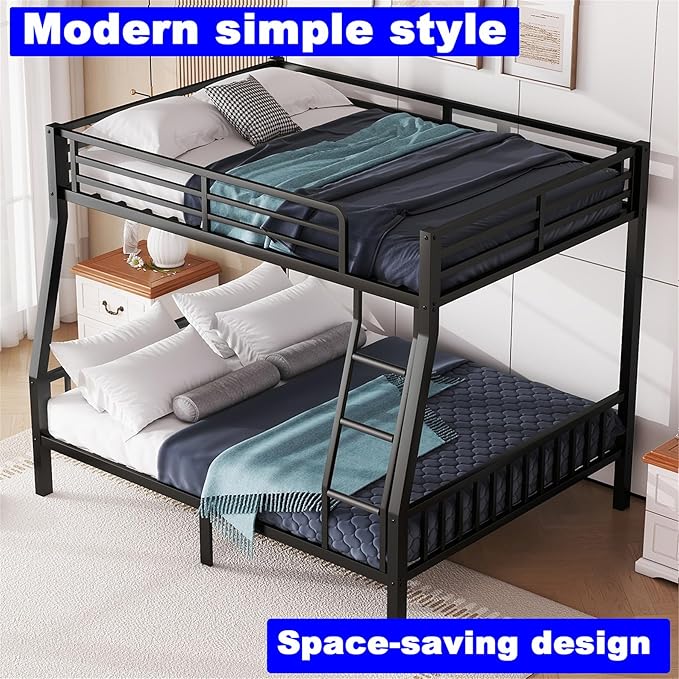 Upgraded Version Thicken Metal Full XL Over Queen Bunk Bed, Stronger Heavy Duty Steel Bunk Bed Full Over Queen Size, Best Bunkbed Frame for Adults, Easy Assembly, Black (Full XL Over Queen)
