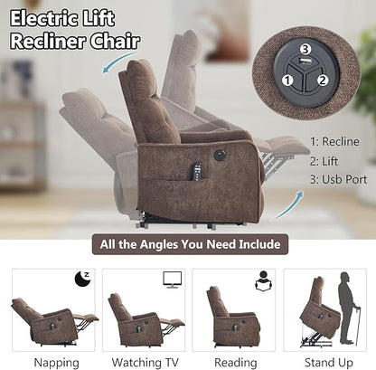 PELUMY Manual Lift Recliner Chair with Massage and Heat for Elderly, Single Motor Electric Lift Chair, Heavy Duty Recliner with USB Charging & Side Pockets (Chenille, Brown)