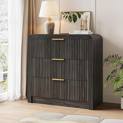 Fluted 3 Drawer Dresser, 31.8'' Tall Dresser for Bedroom, Modern Wood Chest of Drawers with Round Edge & Metal Handle, Large Nightstand with 3 Drawers for Living Room, Hallway, Entryway (Dark Walnut)