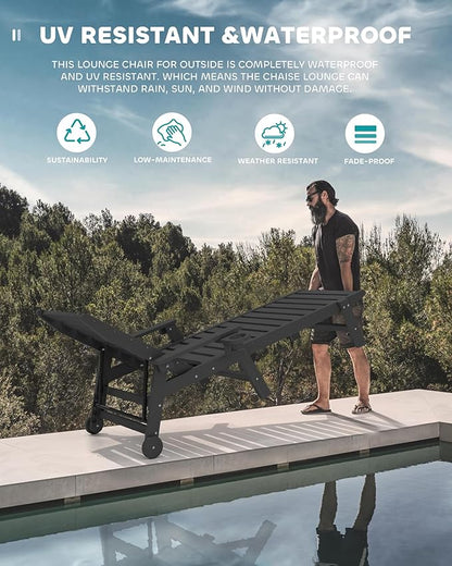 SERWALL Patio Chaise Lounge Chair, 78'' Long HDPE 5 Positions Adjustable Outdoor Lounger, Poly Lounge Chair with Rolling Wheels & Cup Holder for Pool, Obsidian Black