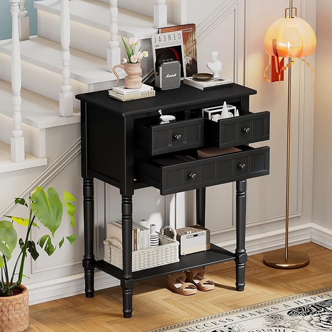 Knocbel Slim Antique Entry Console Table with 3 Drawers & Bottom Open Shelf, Solid Wood Narrow Sofa Couch Table for Entryway Hallway Living Room 23.7" W x 13" D x 31.4" H Black