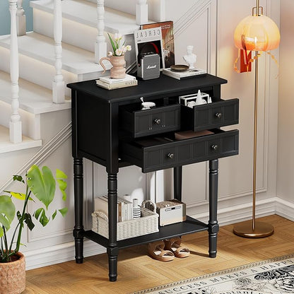 Knocbel Slim Antique Entry Console Table with 3 Drawers & Bottom Open Shelf, Solid Wood Narrow Sofa Couch Table for Entryway Hallway Living Room 23.7" W x 13" D x 31.4" H Black