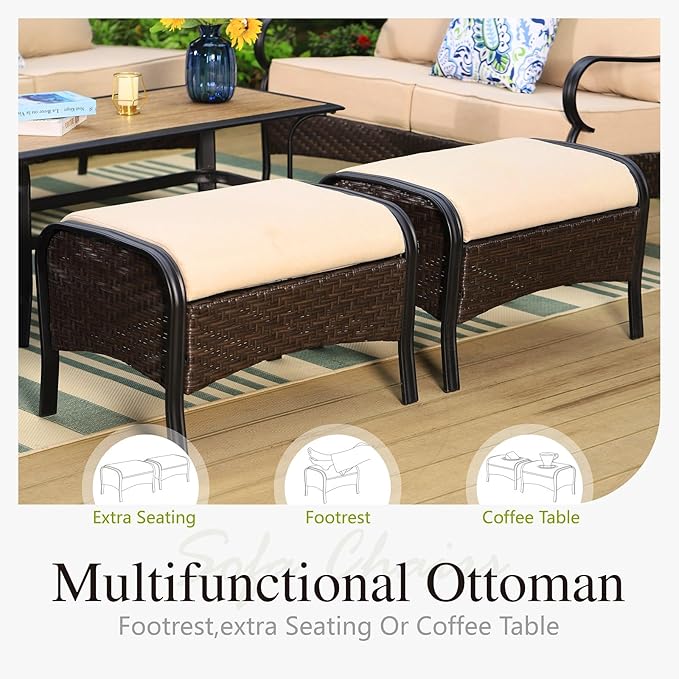 Sophia & William Metal Patio Furniture Set, 7 Seats Outdoor Conversation Set with 3-Seater Sofa, 2 Motion Chairs, 2 Ottoman, 1 Coffee Table for Seating Lawn Porch Backyard,Beige