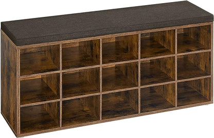 VASAGLE CUSTOS Collection - Shoe Bench, Storage Bench with Padded Seat, Entryway Bench with 15 Compartments, for Bedroom, 11.8 x 41.3 x 18.9 Inches, Rustic Brown and Chestnut Brown ULHS15BX