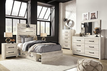 Signature Design by Ashley Cambeck Farmhouse Twin Panel Platform Bed with 2 Storage Drawers, Cubbies, Sconce Light and USB Ports, Foundation or Box Spring Not Needed, Whitewash