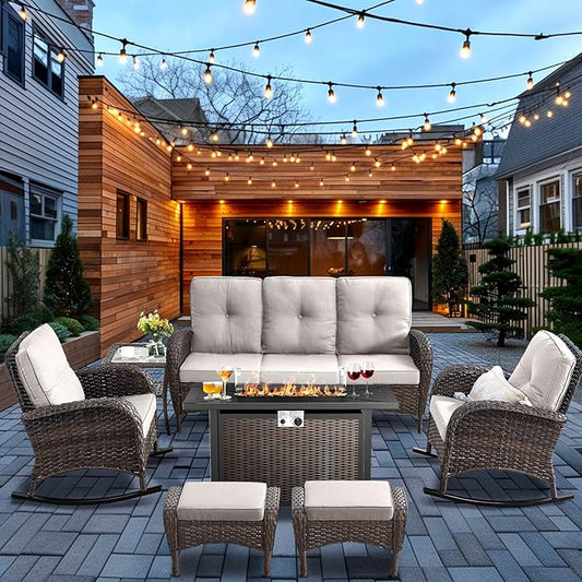 HUMMUH 7-Piece Outdoor Patio Furniture with Fire Pit Set,Wicker Patio Sofa Set Outdoor Rocking Chairs with Ottomans for Backyard,Poolside,Deck