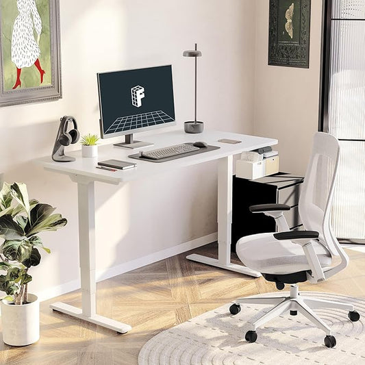 FLEXISPOT E6 3 Stages Dual Motor Electric Standing Desk 55x28 Inch Whole-Piece Board Height Adjustable Electric Sit Stand Desk(White Frame + White Desktop, 2 Packages)