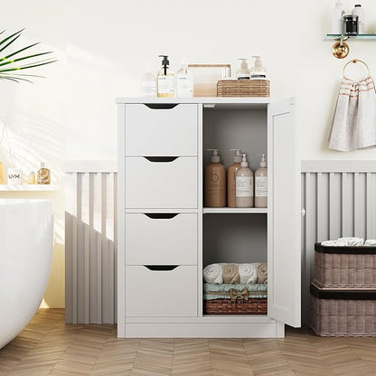 Shintenchi Bathroom Floor Storage Cabinet, Wooden Storage Organizer with 4 Drawers and 1 Cupboard, Freestanding Bathroom Furniture, Home Storage Unit with Adjustable Shelf, White