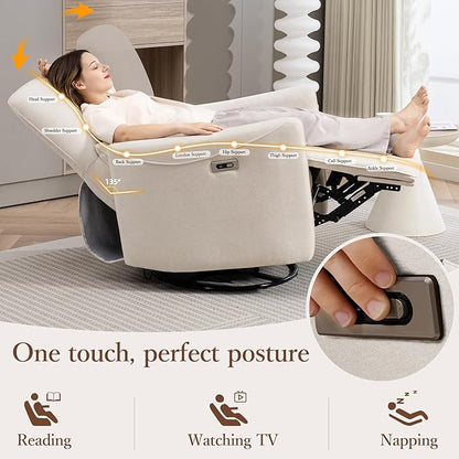 Power Swivel Recliner Chair, Upholstered Fabric Glider Electric Rocking Chair for Adults. Nursery Rocker Single Sofa with Lumbar Support for Living Room. Dual-port Charging: Type-C&USB, Beige