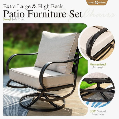 Sophia & William Patio Furniture Sets for 7 Outdoor Conversation Set 6 Pcs with 4 x Armrest Cushioned Sofa Chairs, 1 x 3-Seat Sofa, 1 Marbling Metal Coffee Table Garden Backyard Poolside Beige
