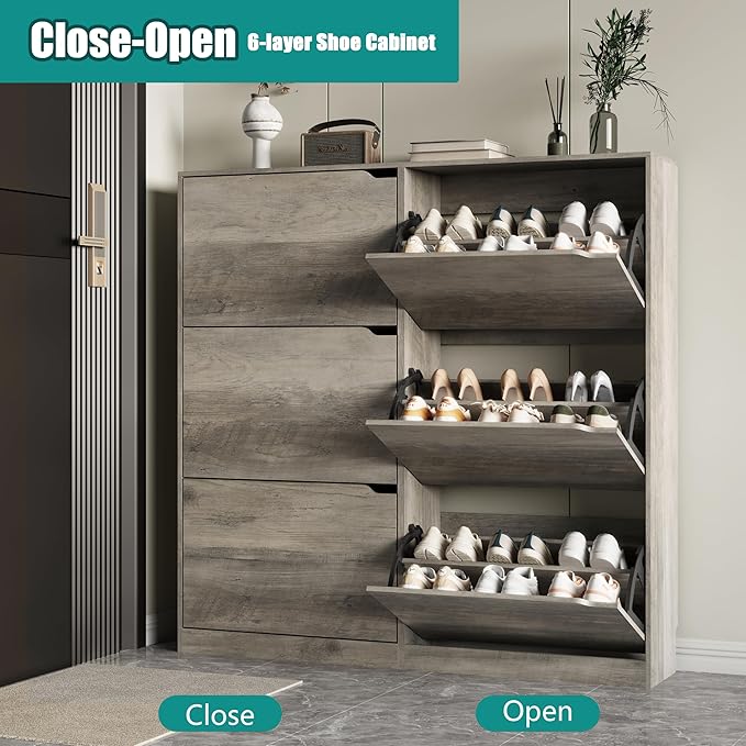 Shoe Storage Cabinet for Entryway with 6 Flip Drawers, Sturdy Wood Hidden Shoe Storage, Freestanding Narrow Slim Shoe Organizer for Front Door Entrance, Living Room, Hallway, Bedroom, Grey