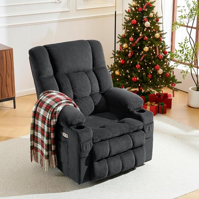 MCombo Dual Motor Power Lift Recliner Chair with Massage and Heat for Elderly People, Infinite Position, USB Ports, Cup Holders, Fabric 7890 (Medium, Dark Gray)