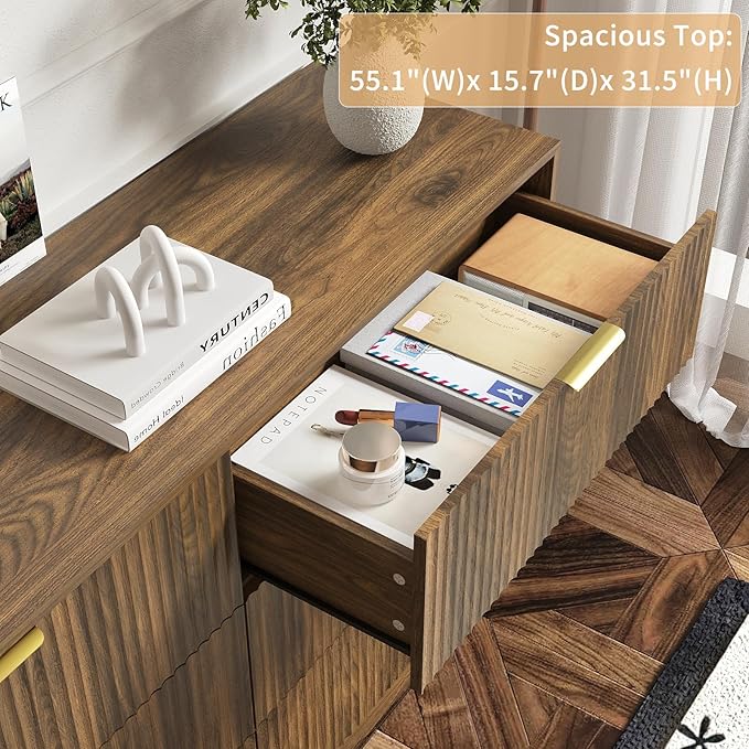 3-Piece Modern Bedroom Furniture Set, Wide 6-Drawer Dresser & 3-Drawer Nightstands Set of 2, Natural Wood Dresser and Nightstand Sets for Bedroom, Hallway, Walnut