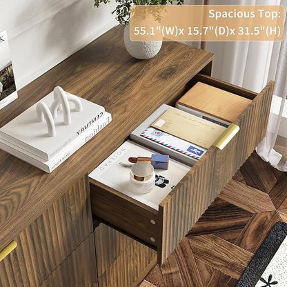 6 Drawers Fluted Dresser for Bedroom, 55" Wide Wooden Dresser with Deep Drawers, Large Floor Chest of Drawers, Modern Long TV Stand, Storage Cabinet Side Table, Walnut